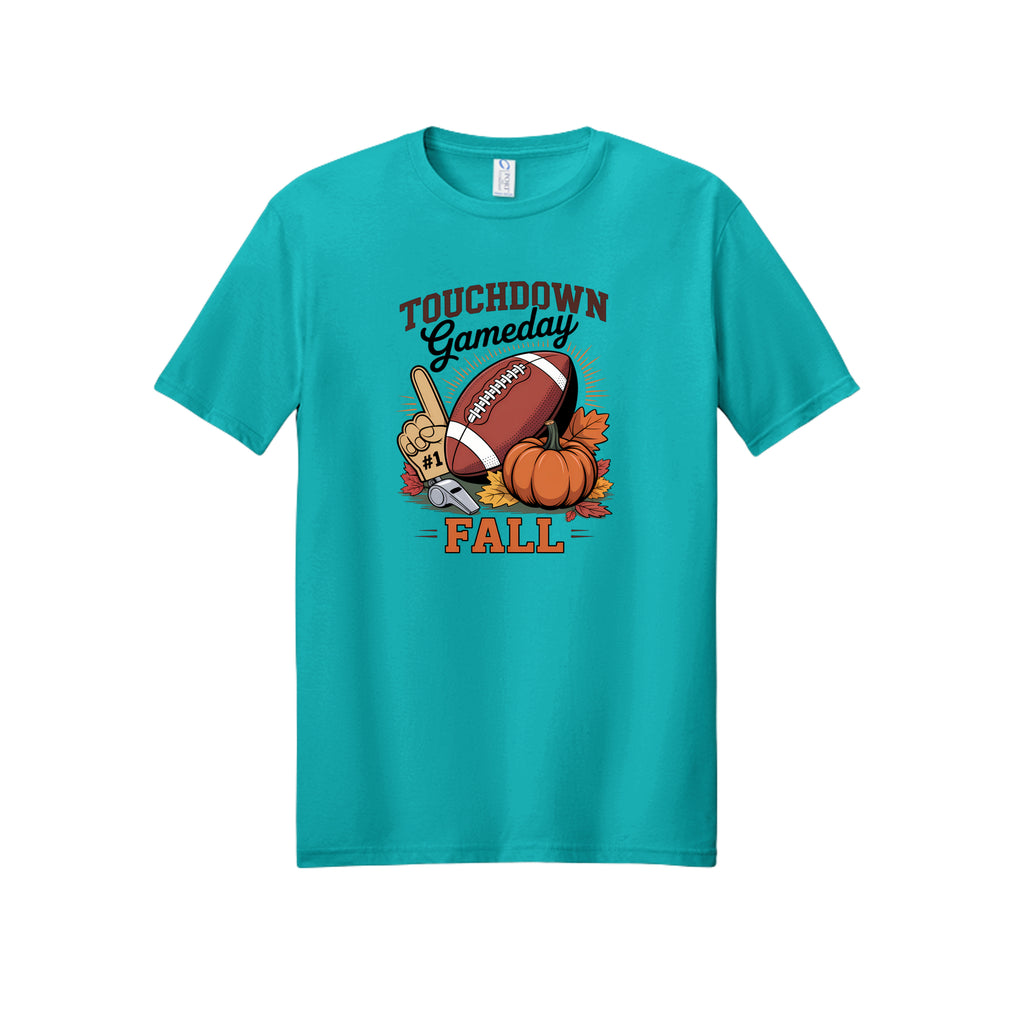 Front view of a teal short-sleeve T-shirt with Touchdown Gameday Fall lettering with a football, pumpkin, foam finger, whistle, and autumn leaves.