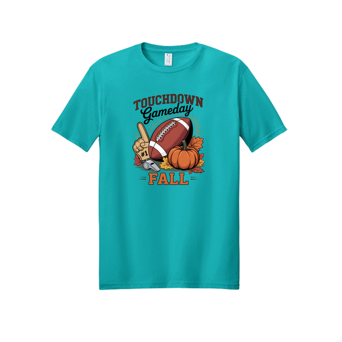 Front view of a teal short-sleeve T-shirt with Touchdown Gameday Fall lettering with a football, pumpkin, foam finger, whistle, and autumn leaves.