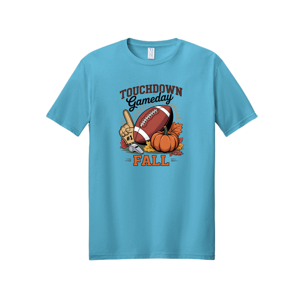 Front view of a blue short-sleeve T-shirt with Touchdown Gameday Fall lettering with a football, pumpkin, foam finger, whistle, and autumn leaves.