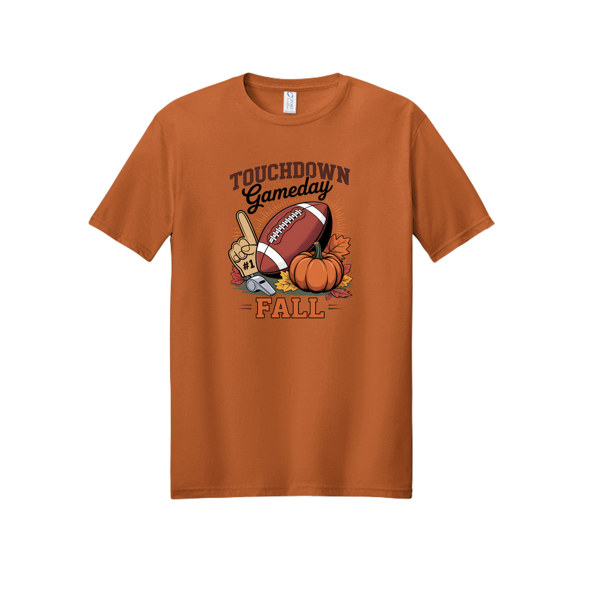 Front view of a orange short-sleeve T-shirt with Touchdown Gameday Fall lettering with a football, pumpkin, foam finger, whistle, and autumn leaves.