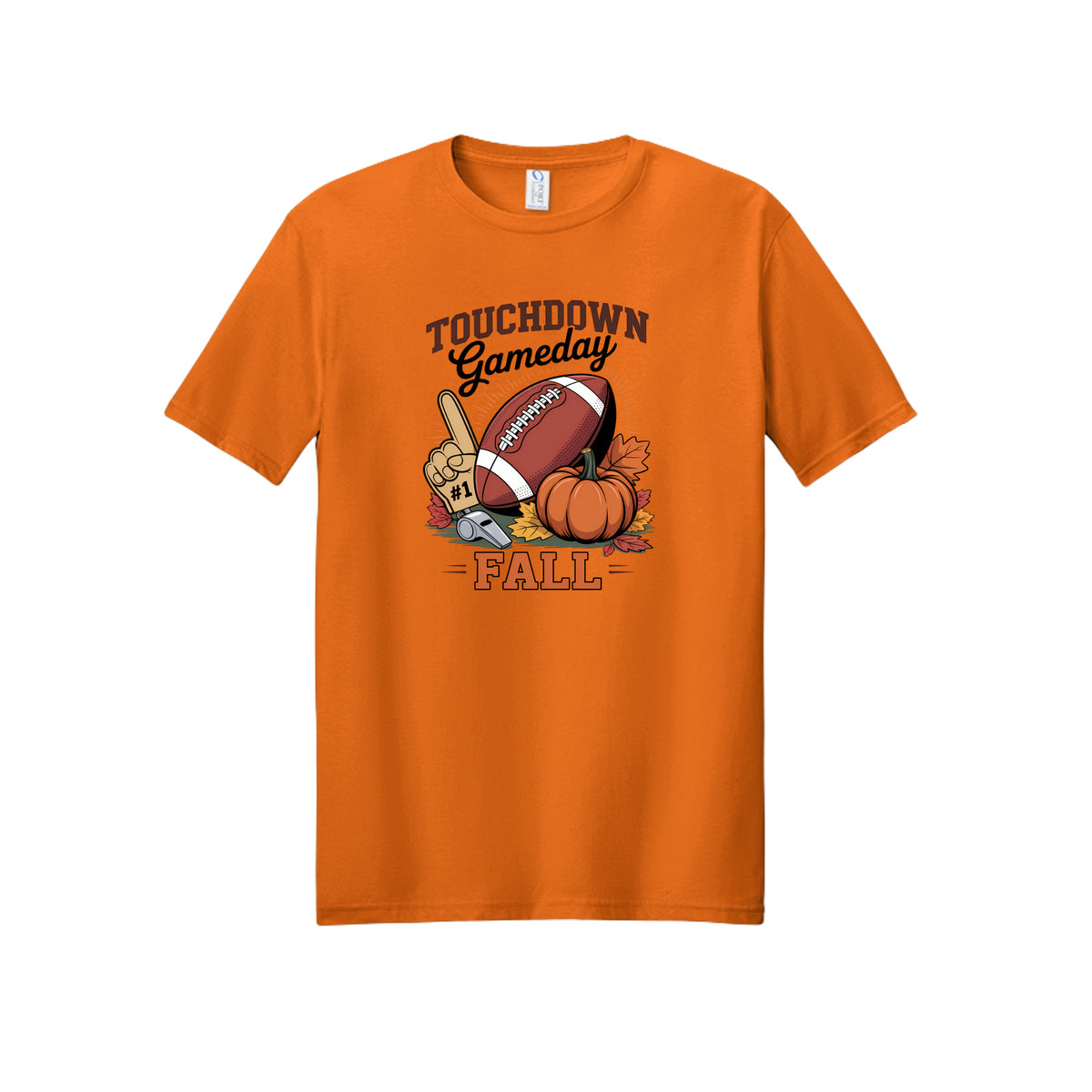 Front view of a orange short-sleeve T-shirt with Touchdown Gameday Fall lettering with a football, pumpkin, foam finger, whistle, and autumn leaves.