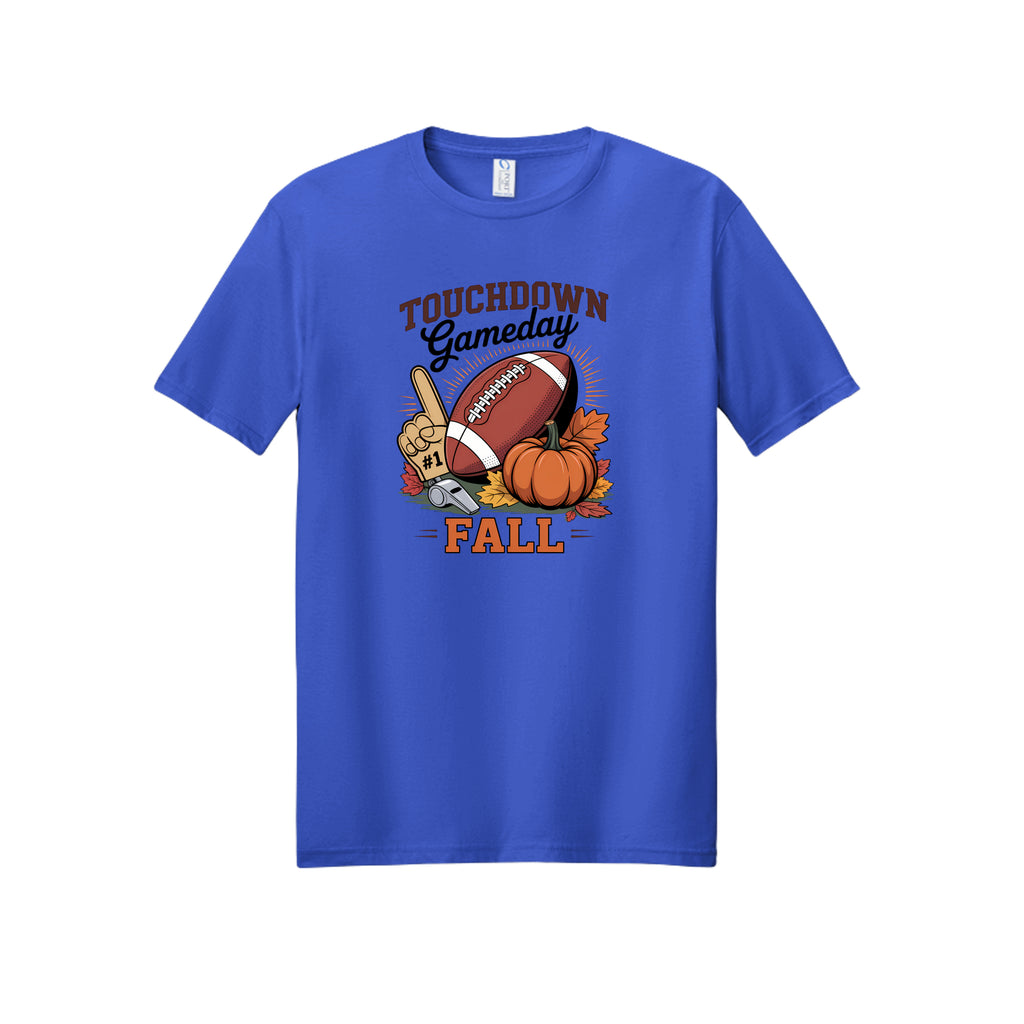 Front view of a blue short-sleeve T-shirt with Touchdown Gameday Fall lettering with a football, pumpkin, foam finger, whistle, and autumn leaves.