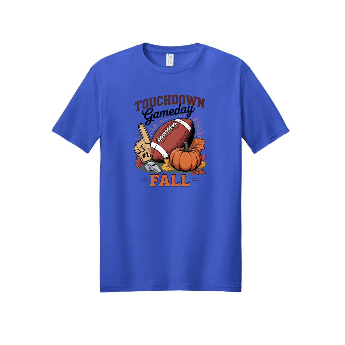 Front view of a blue short-sleeve T-shirt with Touchdown Gameday Fall lettering with a football, pumpkin, foam finger, whistle, and autumn leaves.