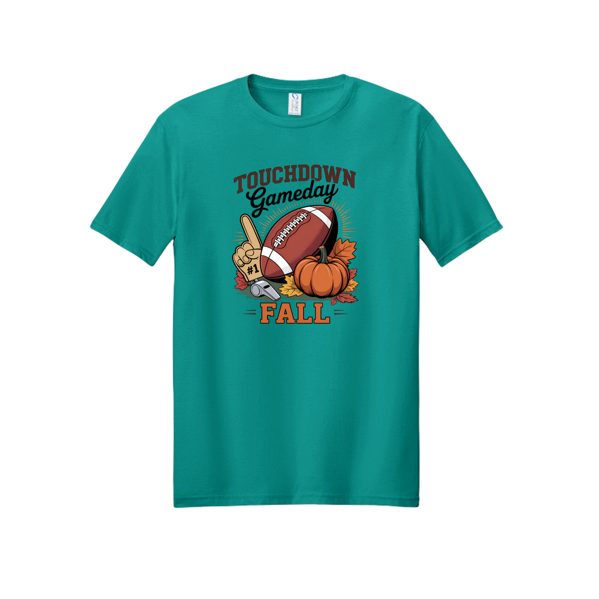 Front view of a teal short-sleeve T-shirt with Touchdown Gameday Fall lettering with a football, pumpkin, foam finger, whistle, and autumn leaves.