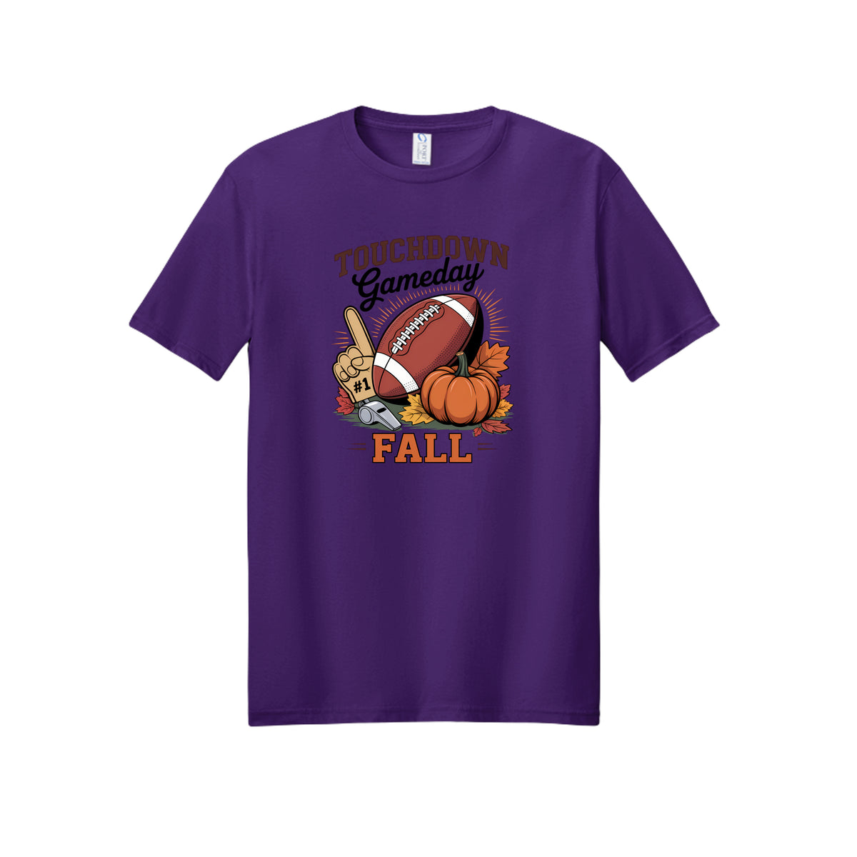 Front view of a purple short-sleeve T-shirt with Touchdown Gameday Fall lettering with a football, pumpkin, foam finger, whistle, and autumn leaves.