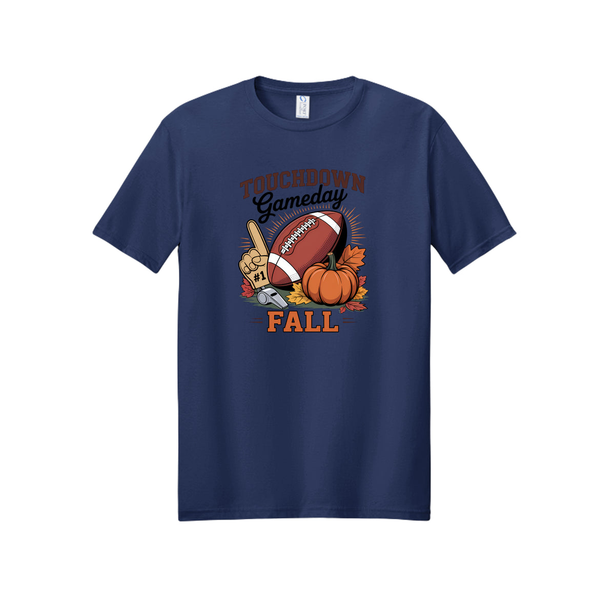 Front view of a navy short-sleeve T-shirt with Touchdown Gameday Fall lettering with a football, pumpkin, foam finger, whistle, and autumn leaves.