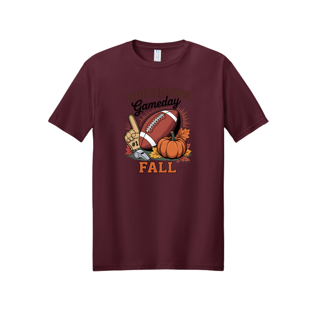 Front view of a burgundy short-sleeve T-shirt with Touchdown Gameday Fall lettering with a football, pumpkin, foam finger, whistle, and autumn leaves.