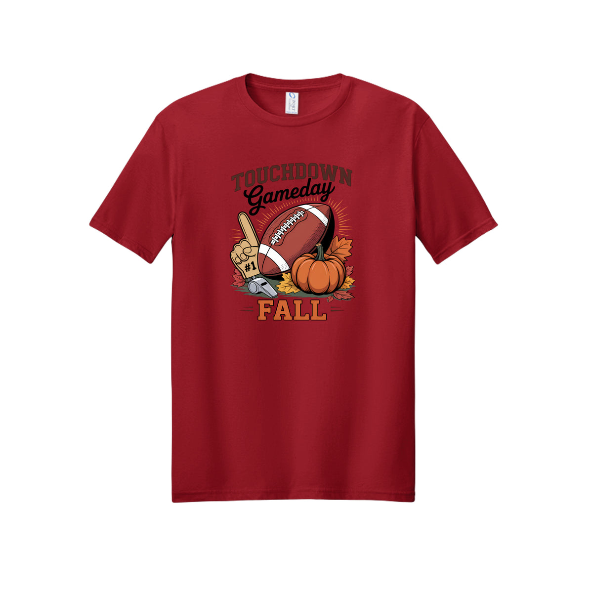 Front view of a red short-sleeve T-shirt with Touchdown Gameday Fall lettering with a football, pumpkin, foam finger, whistle, and autumn leaves.