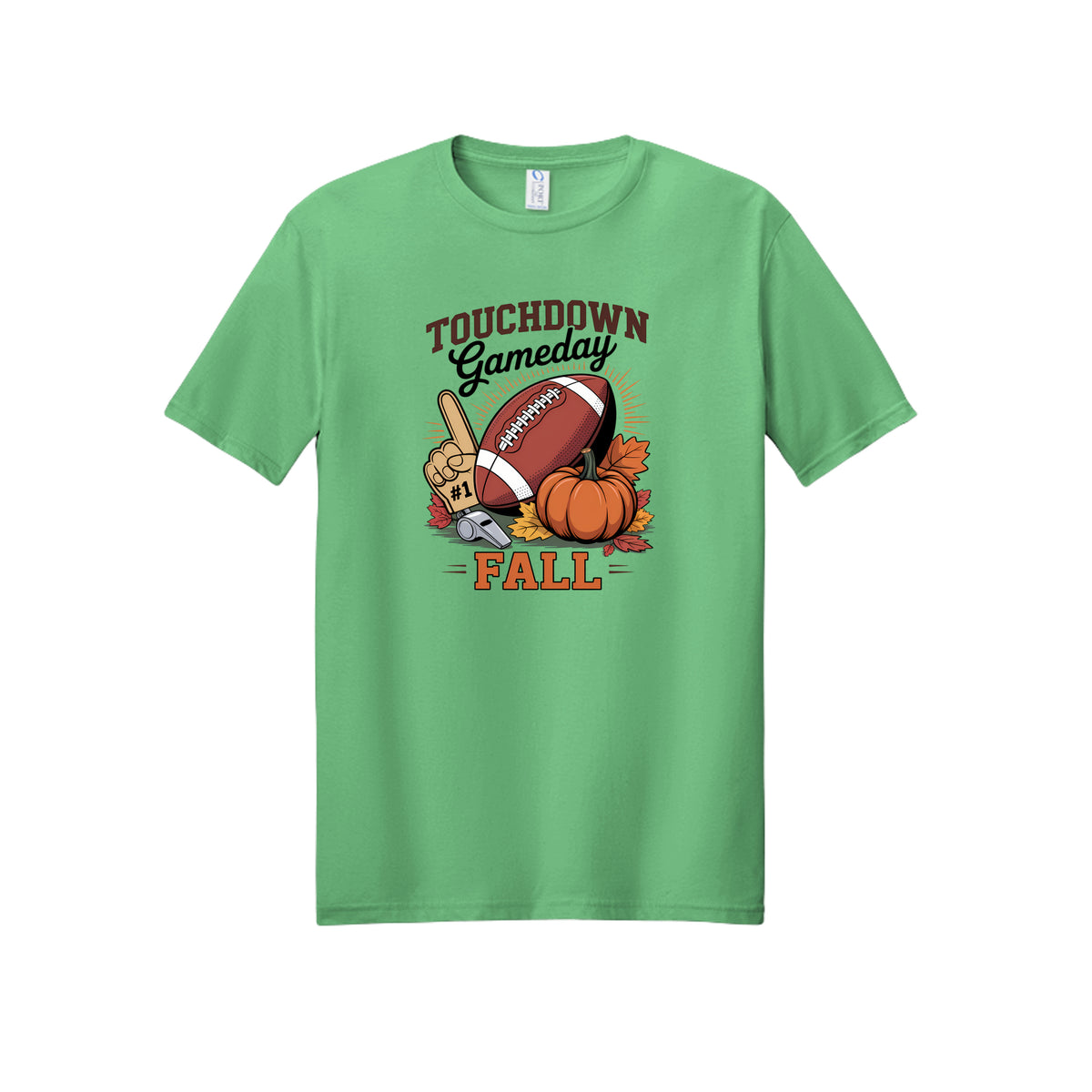 Front view of a green short-sleeve T-shirt with Touchdown Gameday Fall lettering with a football, pumpkin, foam finger, whistle, and autumn leaves.