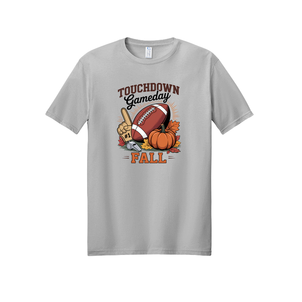 Front view of a gray short-sleeve T-shirt with Touchdown Gameday Fall lettering with a football, pumpkin, foam finger, whistle, and autumn leaves.