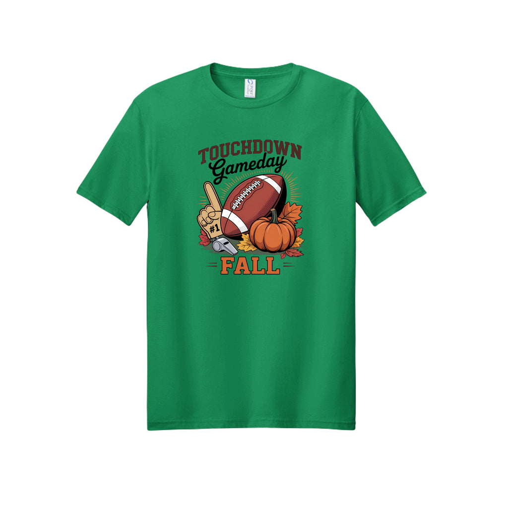 Front view of a green short-sleeve T-shirt with Touchdown Gameday Fall lettering with a football, pumpkin, foam finger, whistle, and autumn leaves.