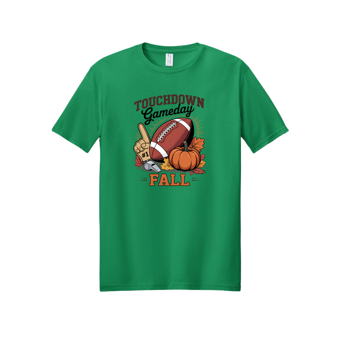 Front view of a green short-sleeve T-shirt with Touchdown Gameday Fall lettering with a football, pumpkin, foam finger, whistle, and autumn leaves.