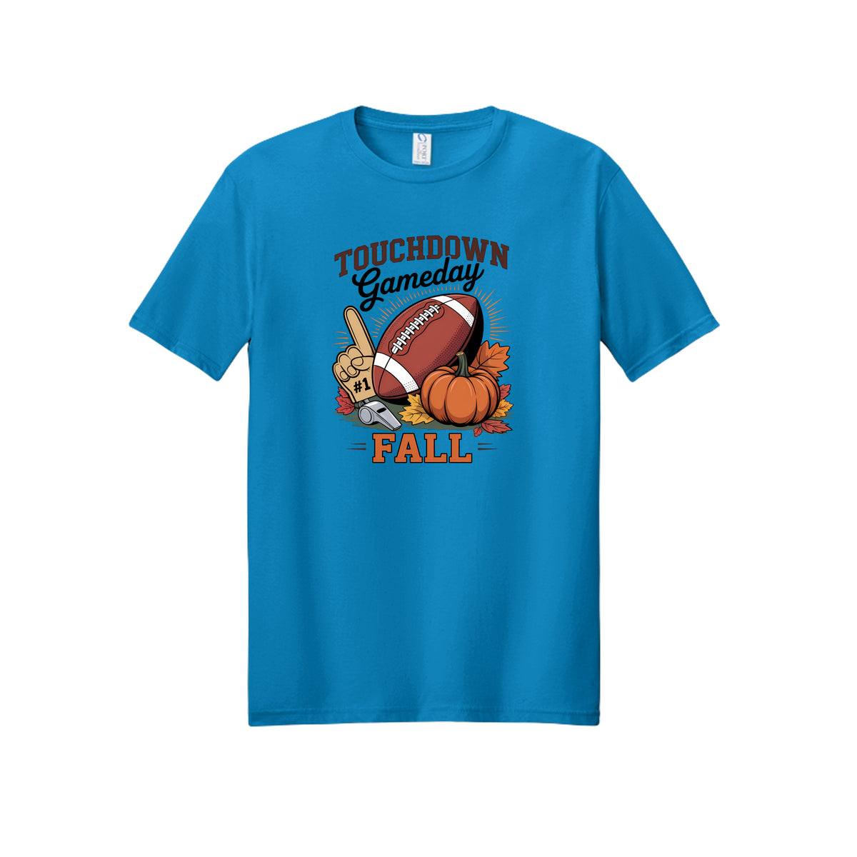 Front view of a blue short-sleeve T-shirt with Touchdown Gameday Fall lettering with a football, pumpkin, foam finger, whistle, and autumn leaves.