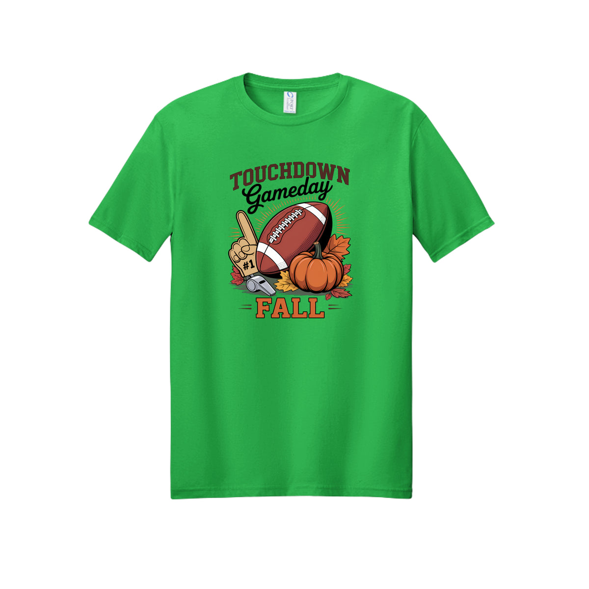 Front view of a green short-sleeve T-shirt with Touchdown Gameday Fall lettering with a football, pumpkin, foam finger, whistle, and autumn leaves.