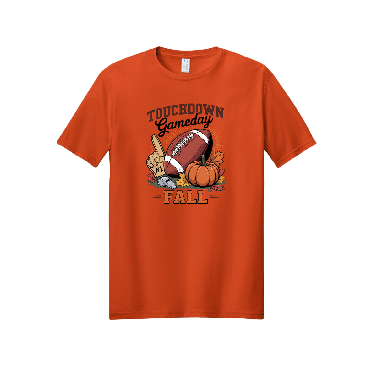 Front view of a orange short-sleeve T-shirt with Touchdown Gameday Fall lettering with a football, pumpkin, foam finger, whistle, and autumn leaves.