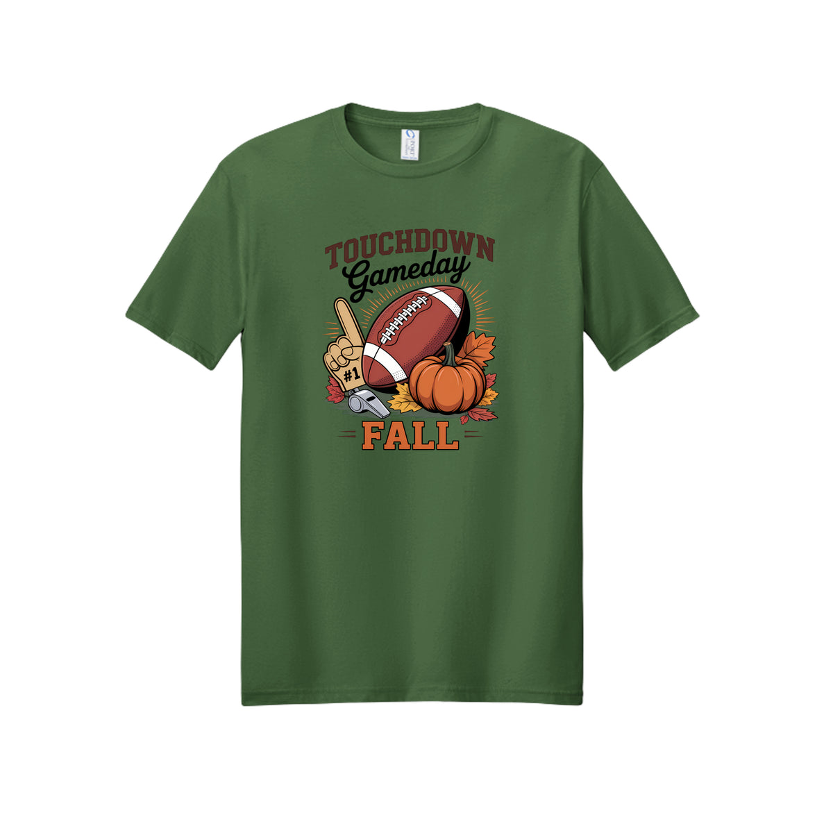 Front view of a green short-sleeve T-shirt with Touchdown Gameday Fall lettering with a football, pumpkin, foam finger, whistle, and autumn leaves.