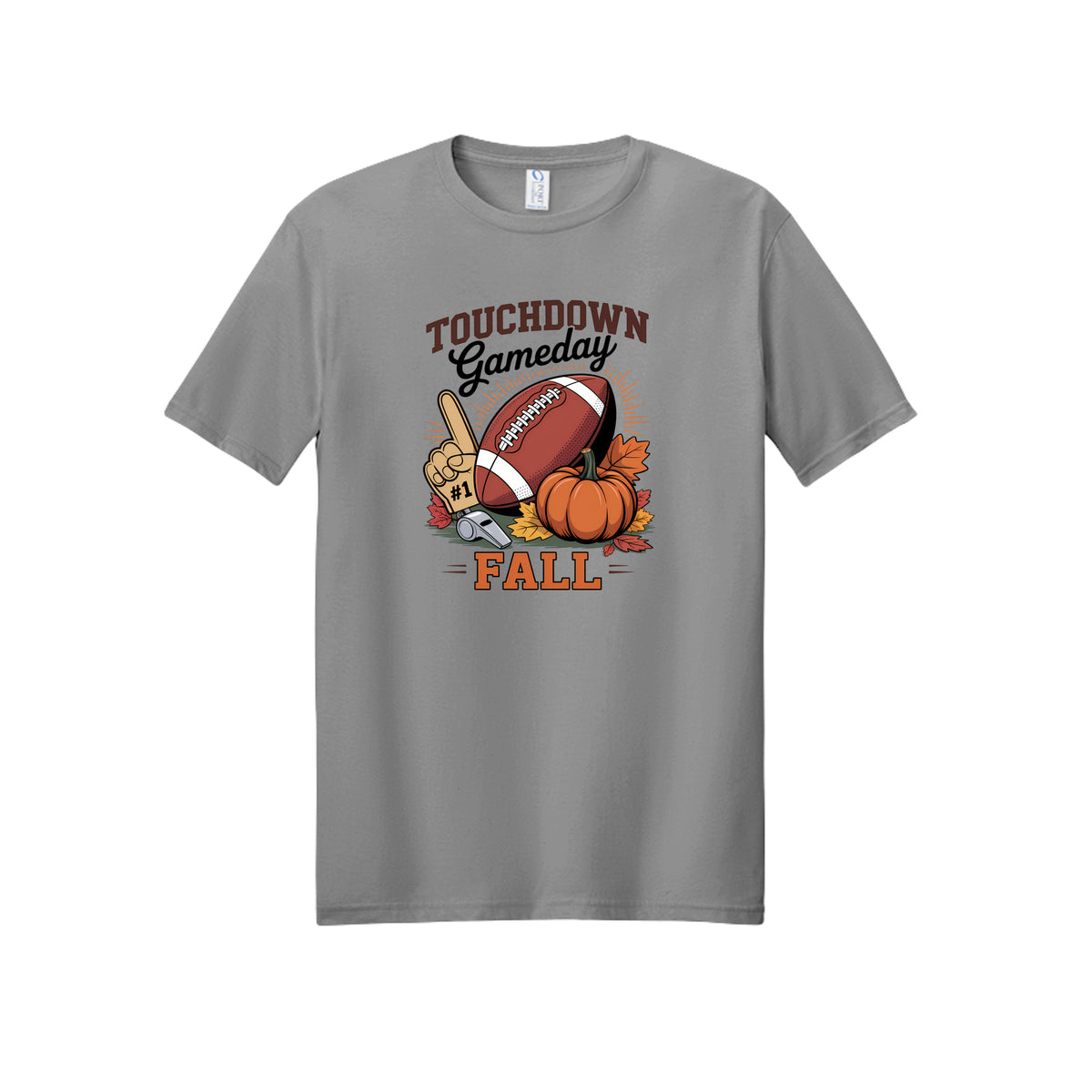 Front view of a gray short-sleeve T-shirt with Touchdown Gameday Fall lettering with a football, pumpkin, foam finger, whistle, and autumn leaves.