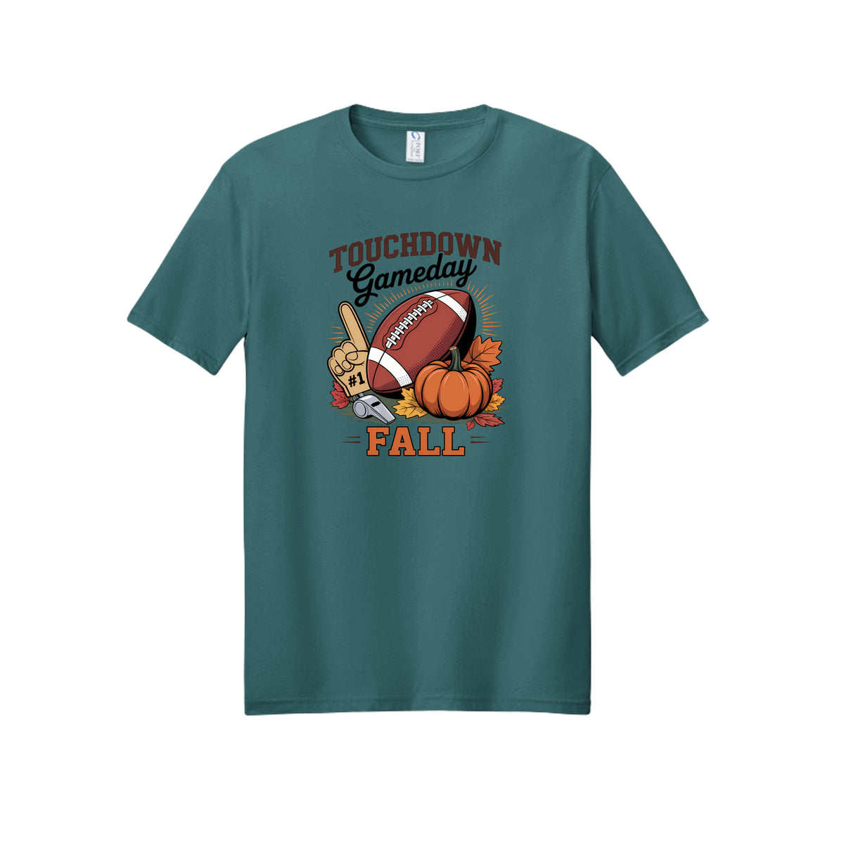 Front view of a teal short-sleeve T-shirt with Touchdown Gameday Fall lettering with a football, pumpkin, foam finger, whistle, and autumn leaves.