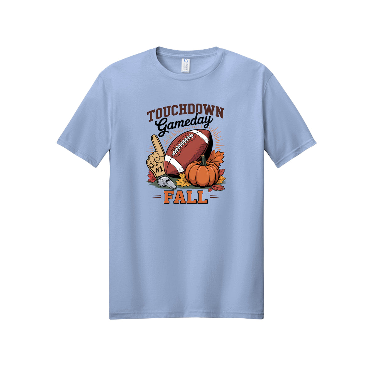 Front view of a light blue short-sleeve T-shirt with Touchdown Gameday Fall lettering with a football, pumpkin, foam finger, whistle, and autumn leaves.