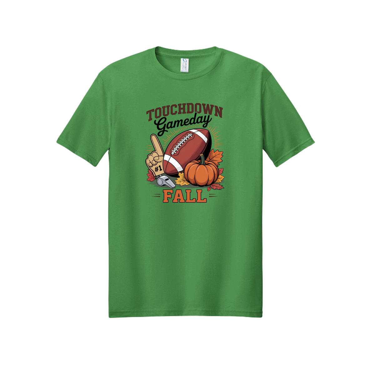 Front view of a green short-sleeve T-shirt with Touchdown Gameday Fall lettering with a football, pumpkin, foam finger, whistle, and autumn leaves.