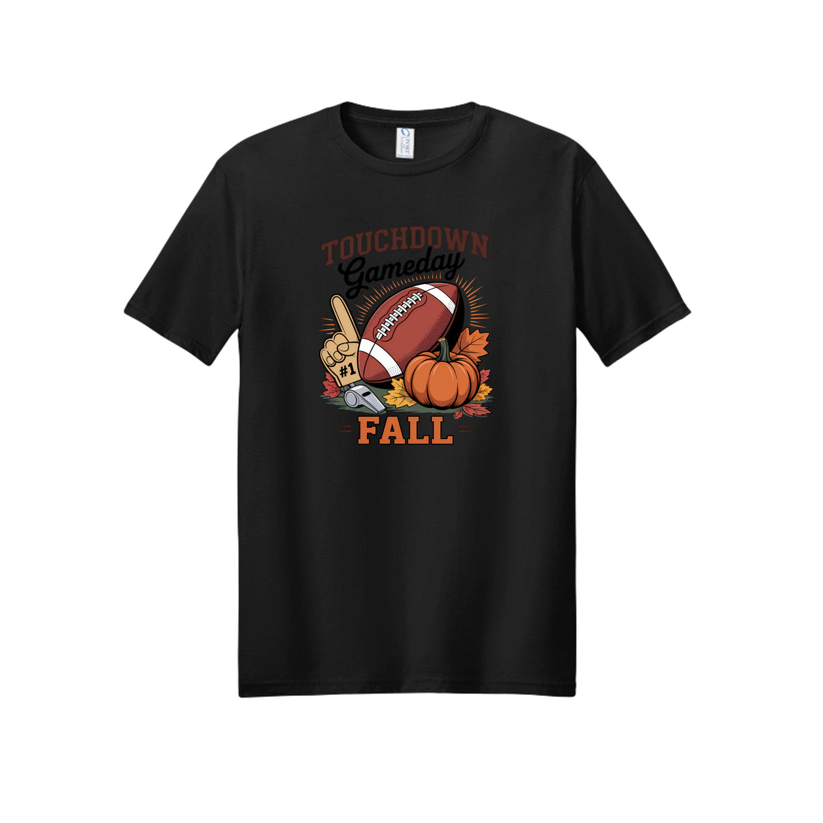 Front view of a black short-sleeve T-shirt with Touchdown Gameday Fall lettering with a football, pumpkin, foam finger, whistle, and autumn leaves.