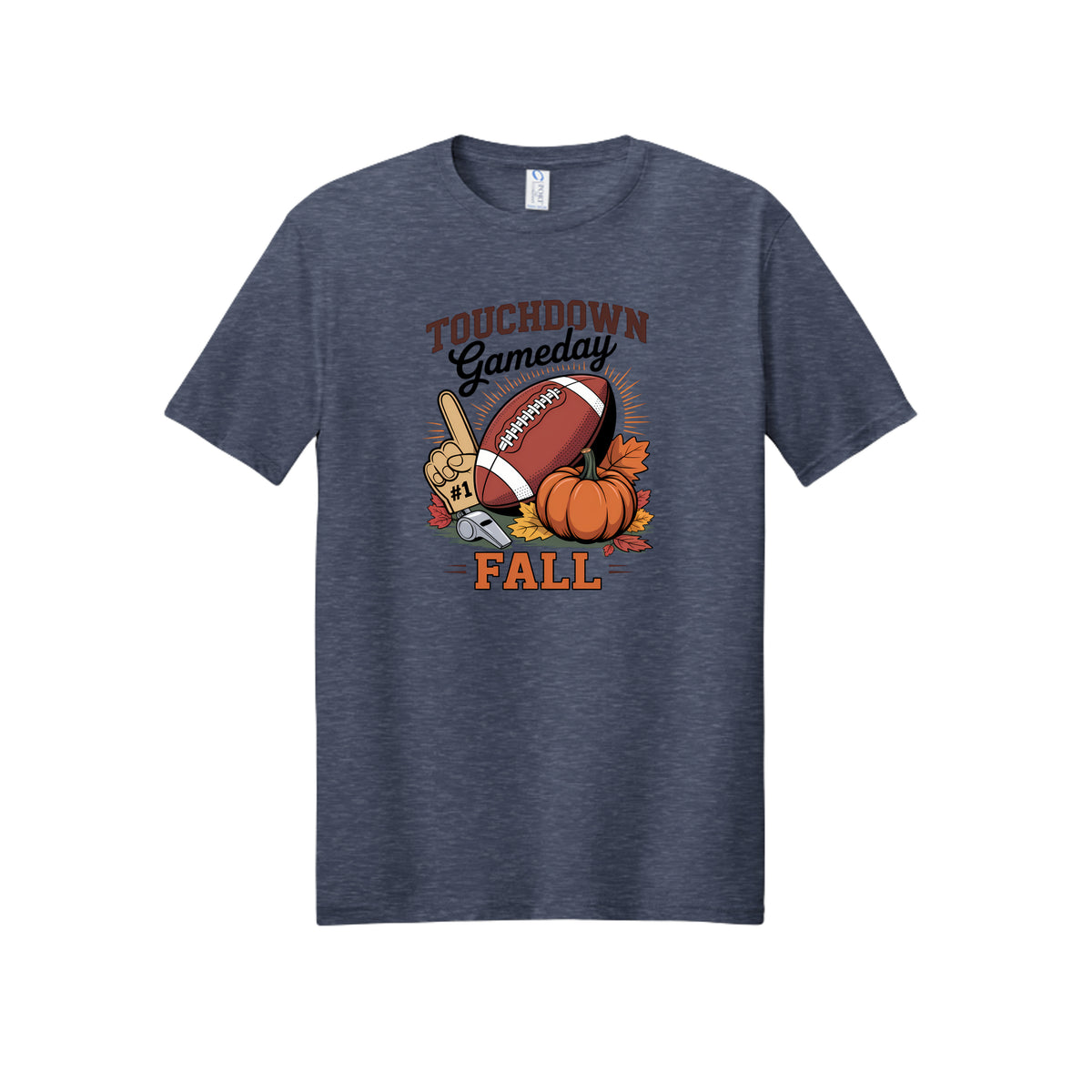 Front view of a gray short-sleeve T-shirt with Touchdown Gameday Fall lettering with a football, pumpkin, foam finger, whistle, and autumn leaves.