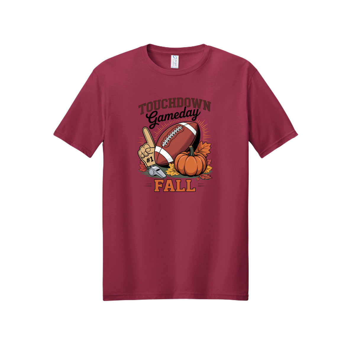 Front view of a burgundy short-sleeve T-shirt with Touchdown Gameday Fall lettering with a football, pumpkin, foam finger, whistle, and autumn leaves.