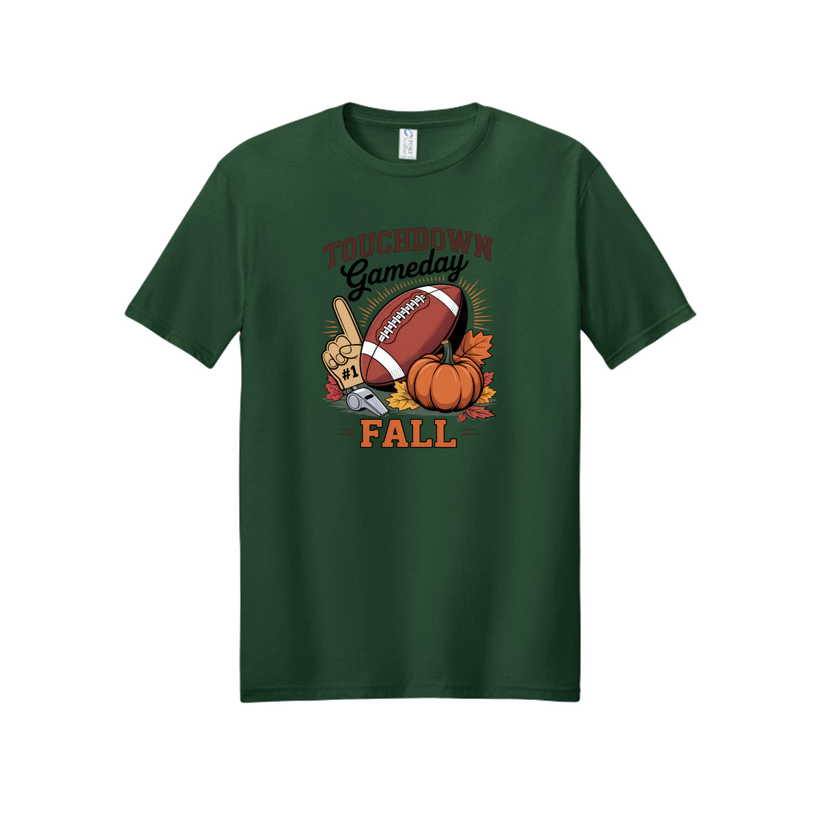 Front view of a green short-sleeve T-shirt with Touchdown Gameday Fall lettering with a football, pumpkin, foam finger, whistle, and autumn leaves.