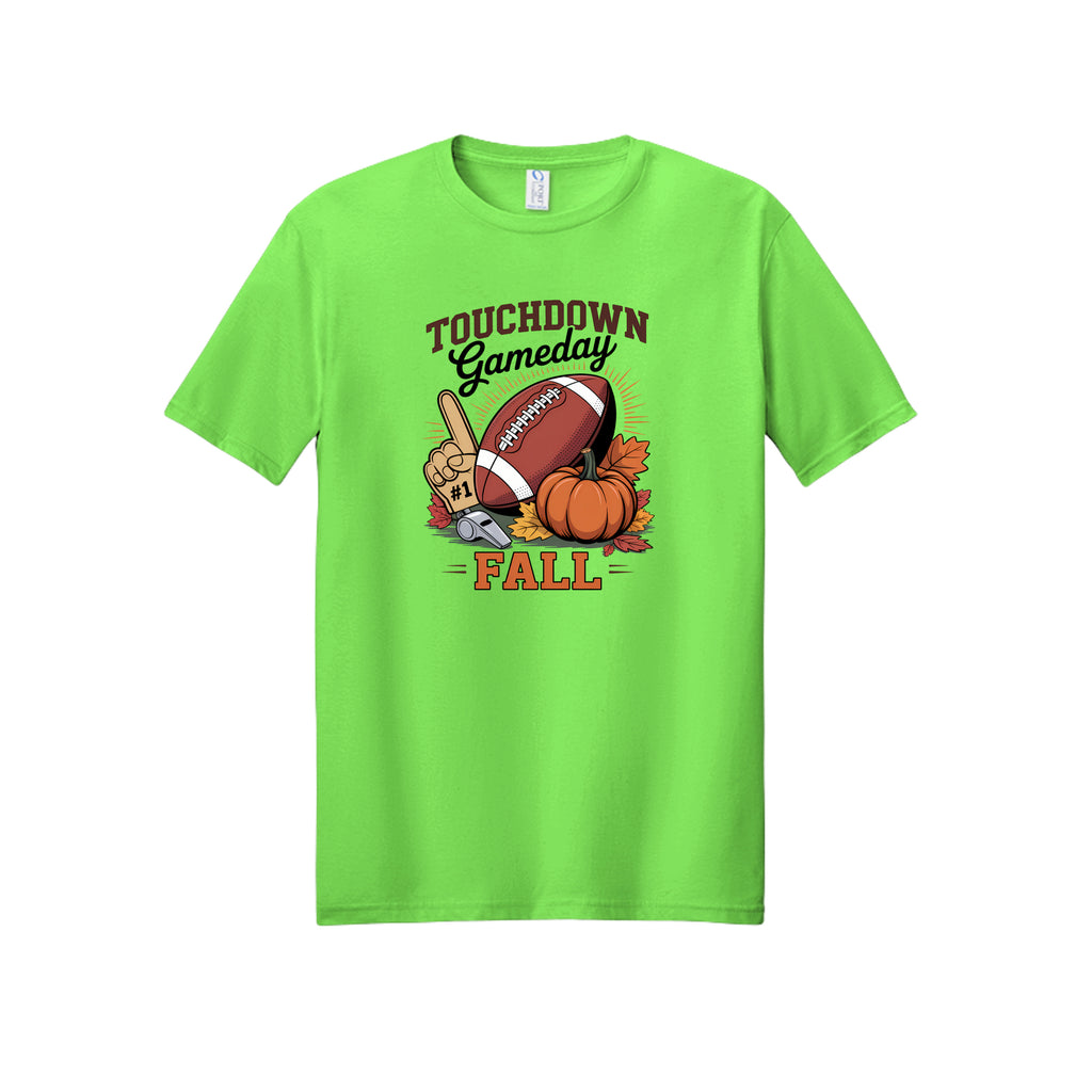 Front view of a lime short-sleeve T-shirt with Touchdown Gameday Fall lettering with a football, pumpkin, foam finger, whistle, and autumn leaves.