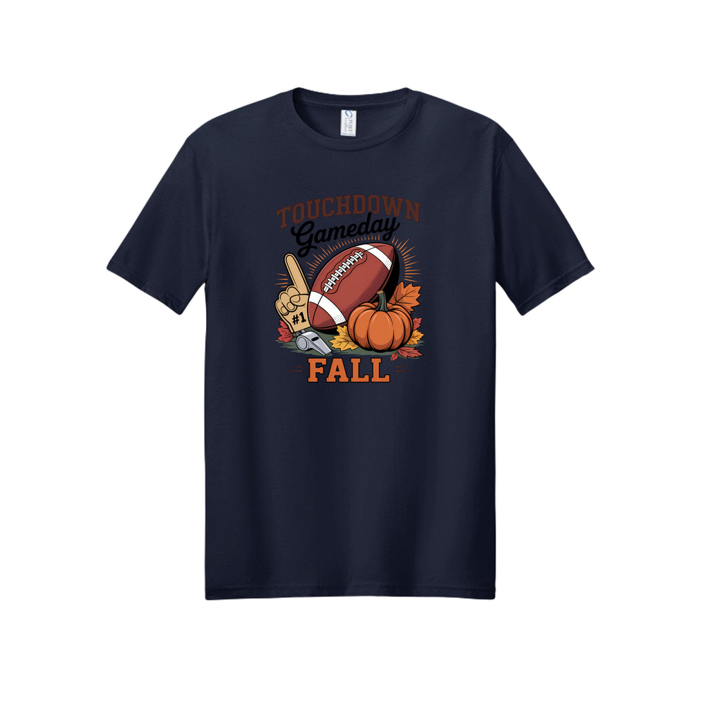 Front view of a navy short-sleeve T-shirt with Touchdown Gameday Fall lettering with a football, pumpkin, foam finger, whistle, and autumn leaves.