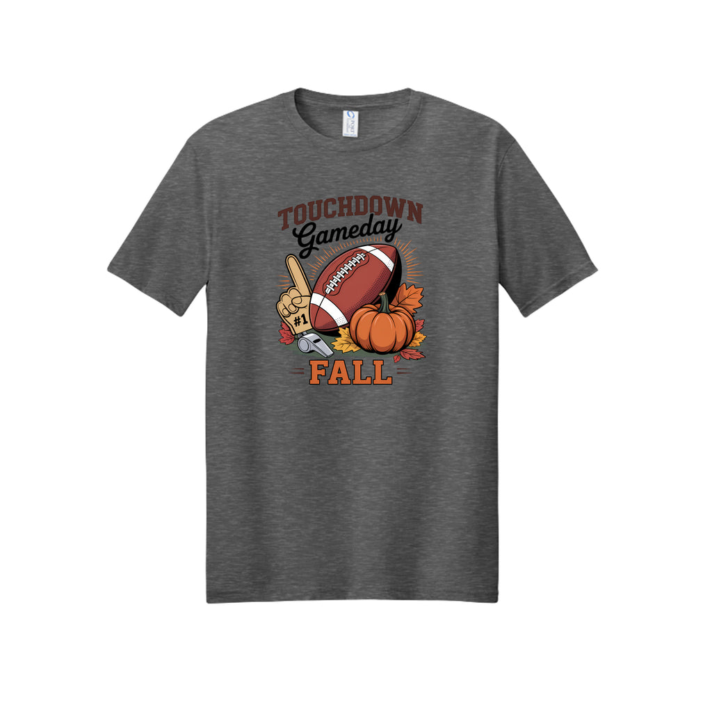 Front view of a gray short-sleeve T-shirt with Touchdown Gameday Fall lettering with a football, pumpkin, foam finger, whistle, and autumn leaves.