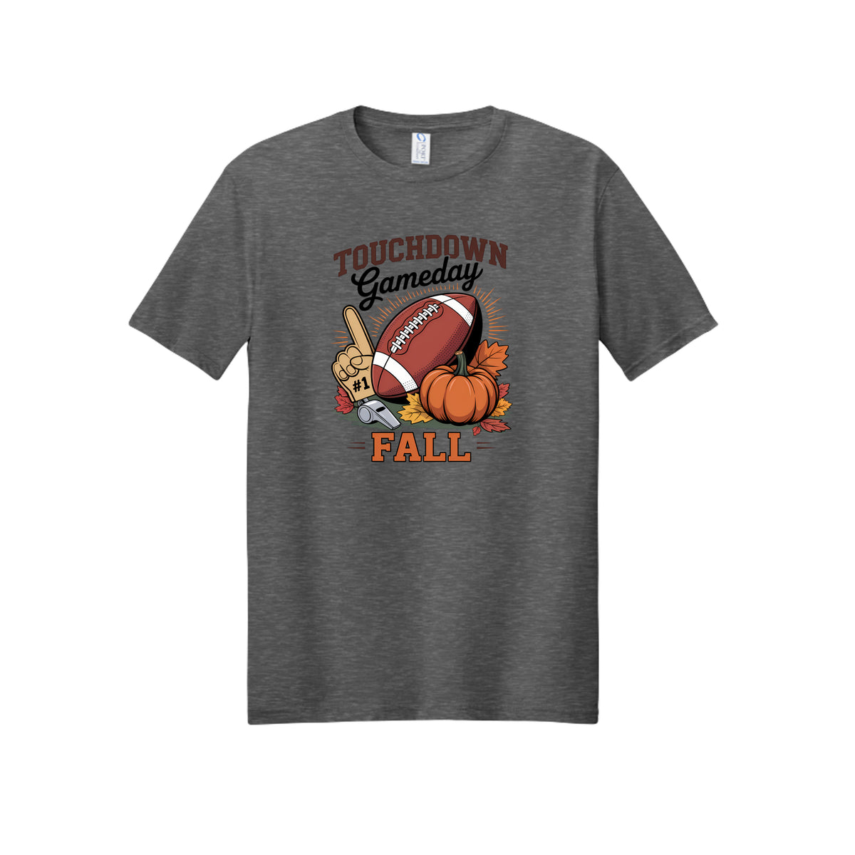 Front view of a gray short-sleeve T-shirt with Touchdown Gameday Fall lettering with a football, pumpkin, foam finger, whistle, and autumn leaves.