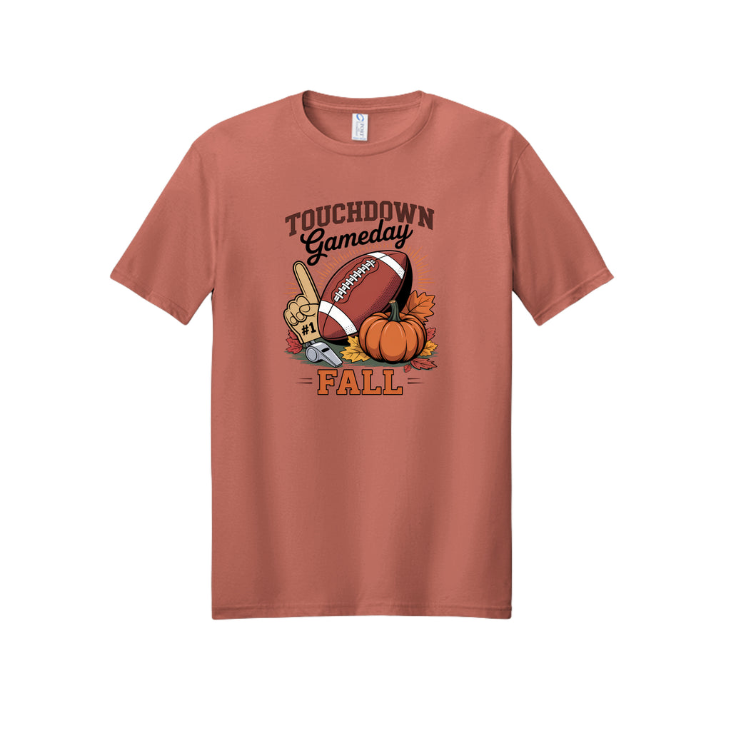Front view of a dusty rose short-sleeve T-shirt with Touchdown Gameday Fall lettering with a football, pumpkin, foam finger, whistle, and autumn leaves.