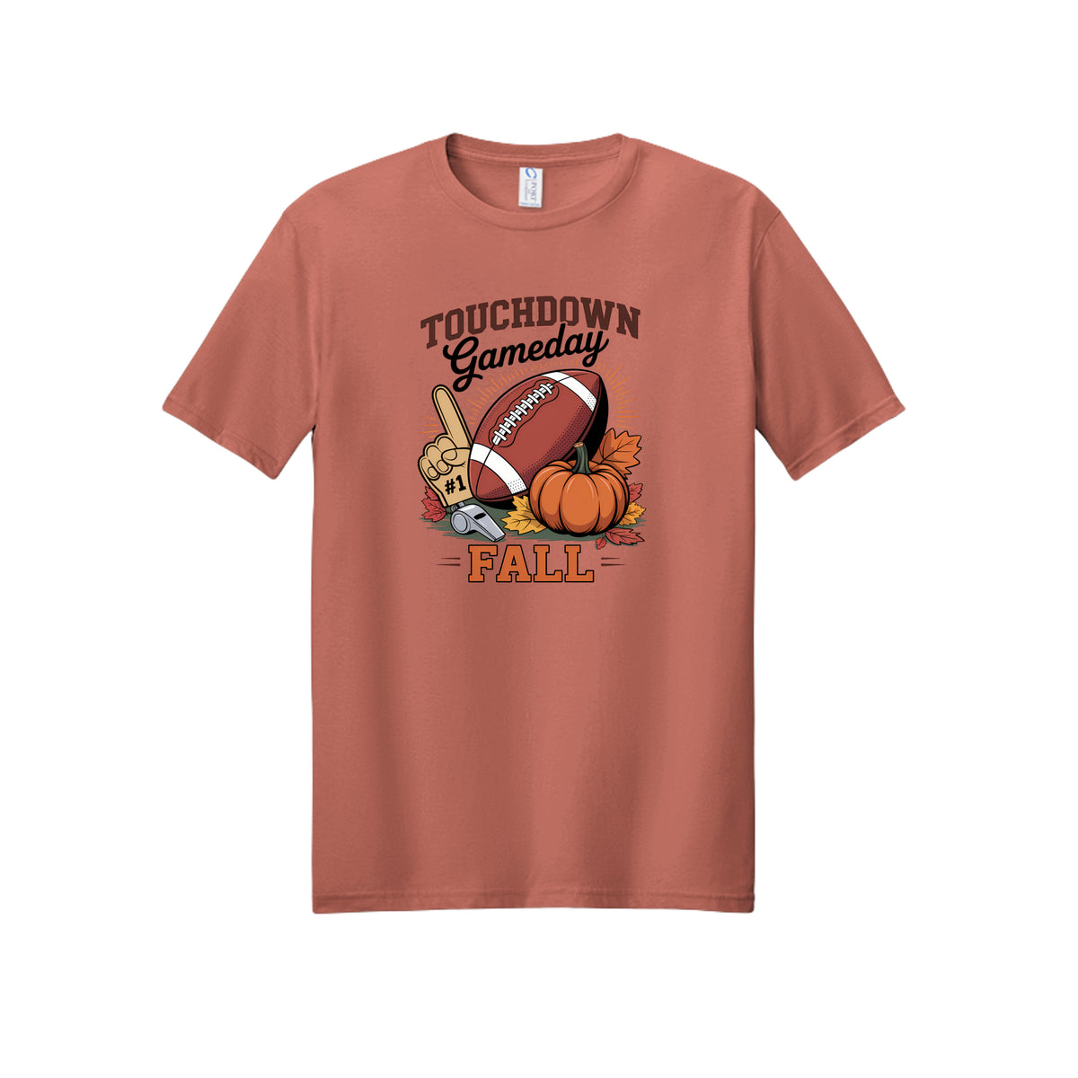 Front view of a dusty rose short-sleeve T-shirt with Touchdown Gameday Fall lettering with a football, pumpkin, foam finger, whistle, and autumn leaves.