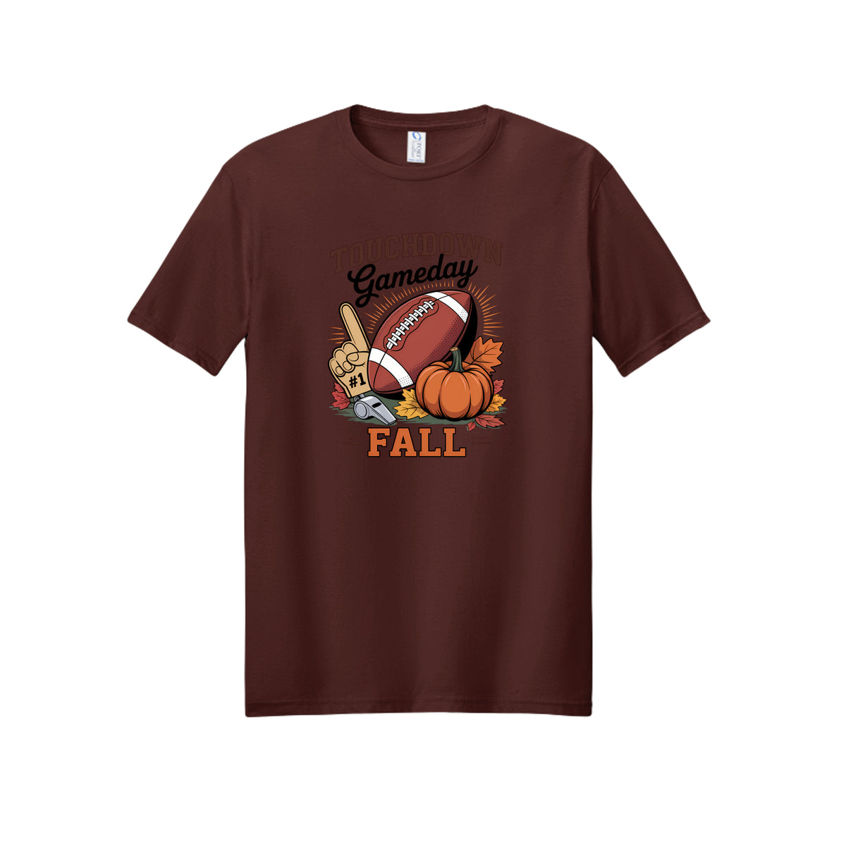 Front view of a brown short-sleeve T-shirt with Touchdown Gameday Fall lettering with a football, pumpkin, foam finger, whistle, and autumn leaves.