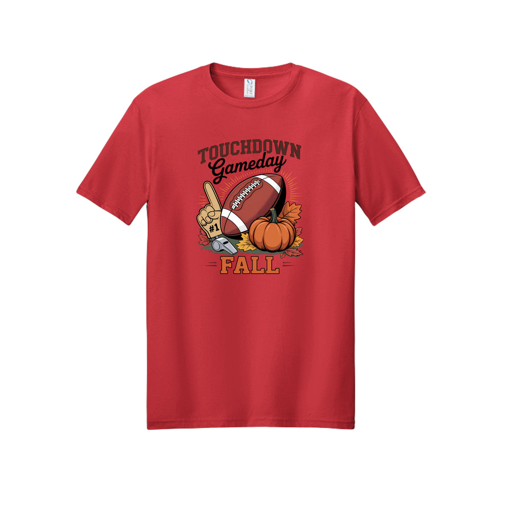 Front view of a red short-sleeve T-shirt with Touchdown Gameday Fall lettering with a football, pumpkin, foam finger, whistle, and autumn leaves.