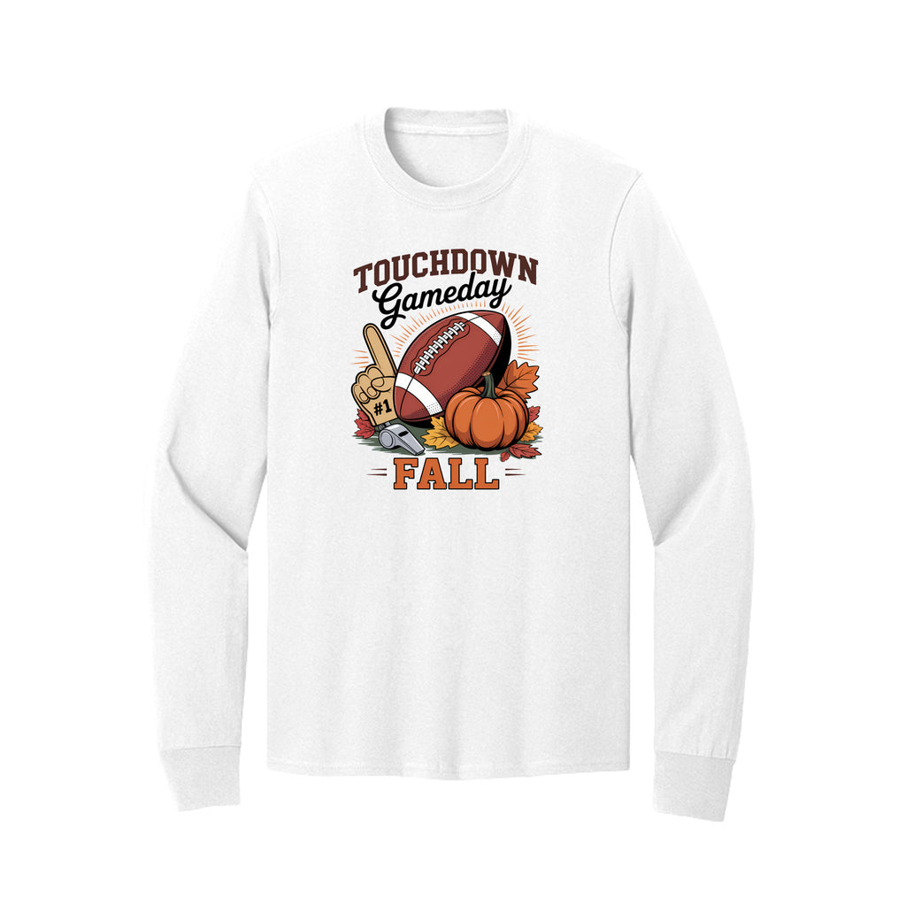 Front view of a white long-sleeve T-shirt with Touchdown Gameday Fall lettering with a football, pumpkin, foam finger, whistle, and autumn leaves.
