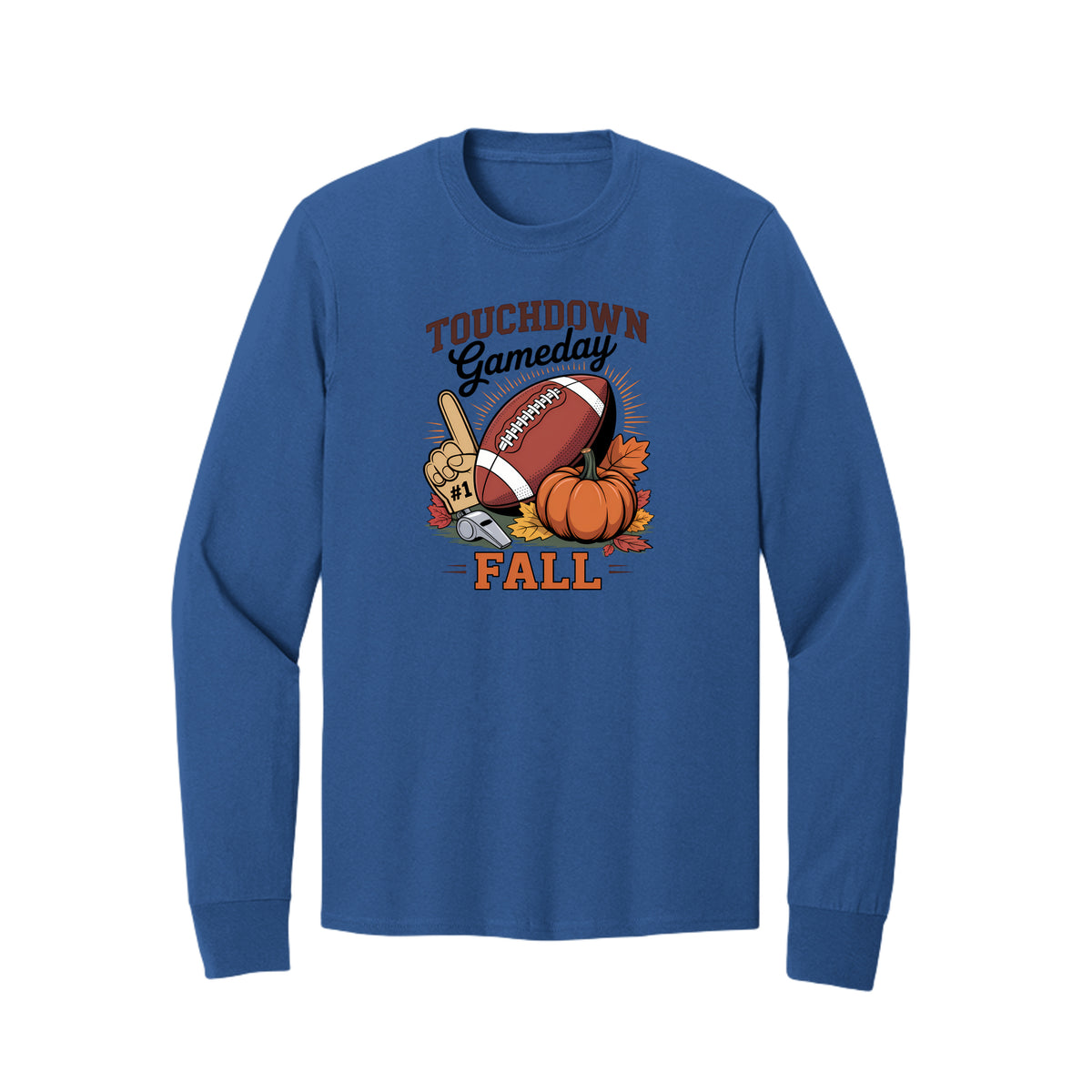 Front view of a blue long-sleeve T-shirt with Touchdown Gameday Fall lettering with a football, pumpkin, foam finger, whistle, and autumn leaves.