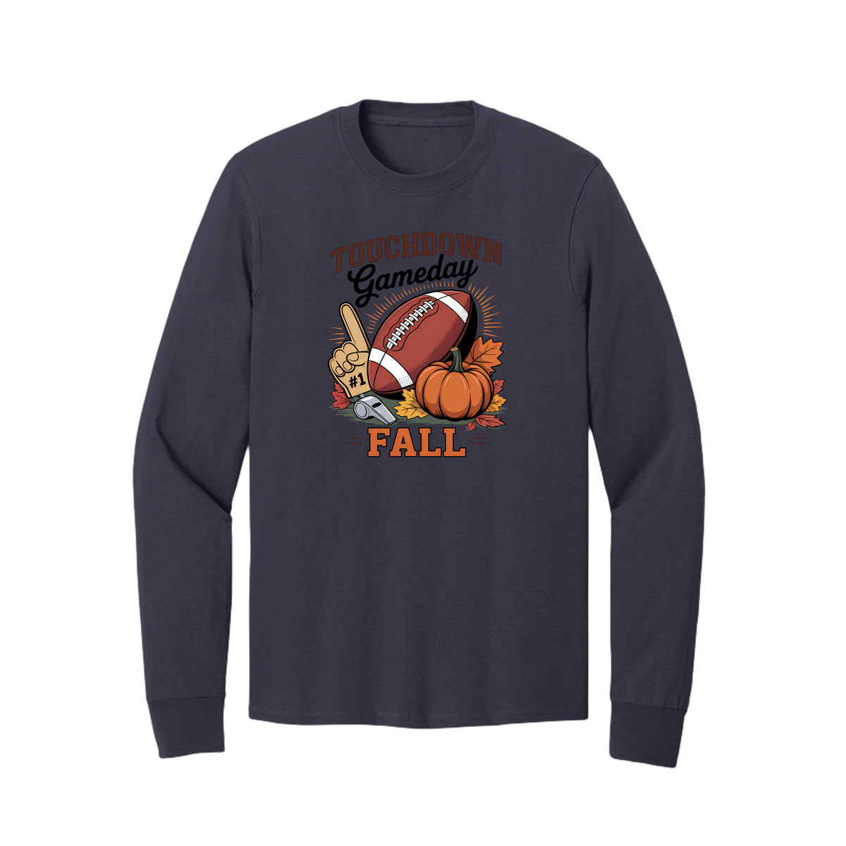Front view of a navy long-sleeve T-shirt with Touchdown Gameday Fall lettering with a football, pumpkin, foam finger, whistle, and autumn leaves.