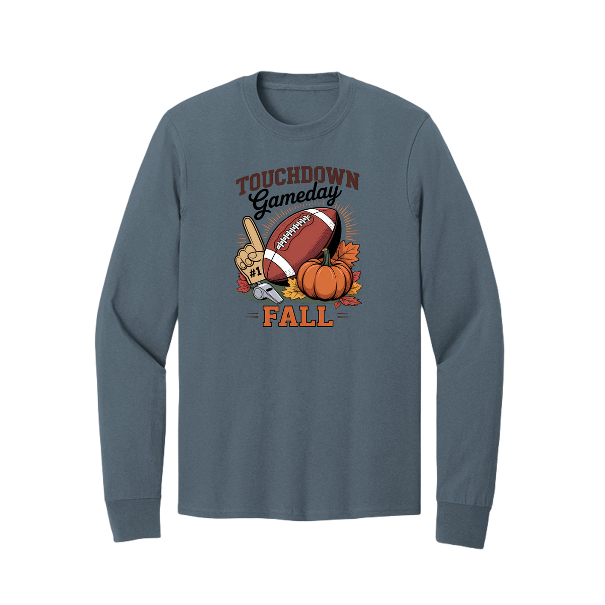 Front view of a blue long-sleeve T-shirt with Touchdown Gameday Fall lettering with a football, pumpkin, foam finger, whistle, and autumn leaves.