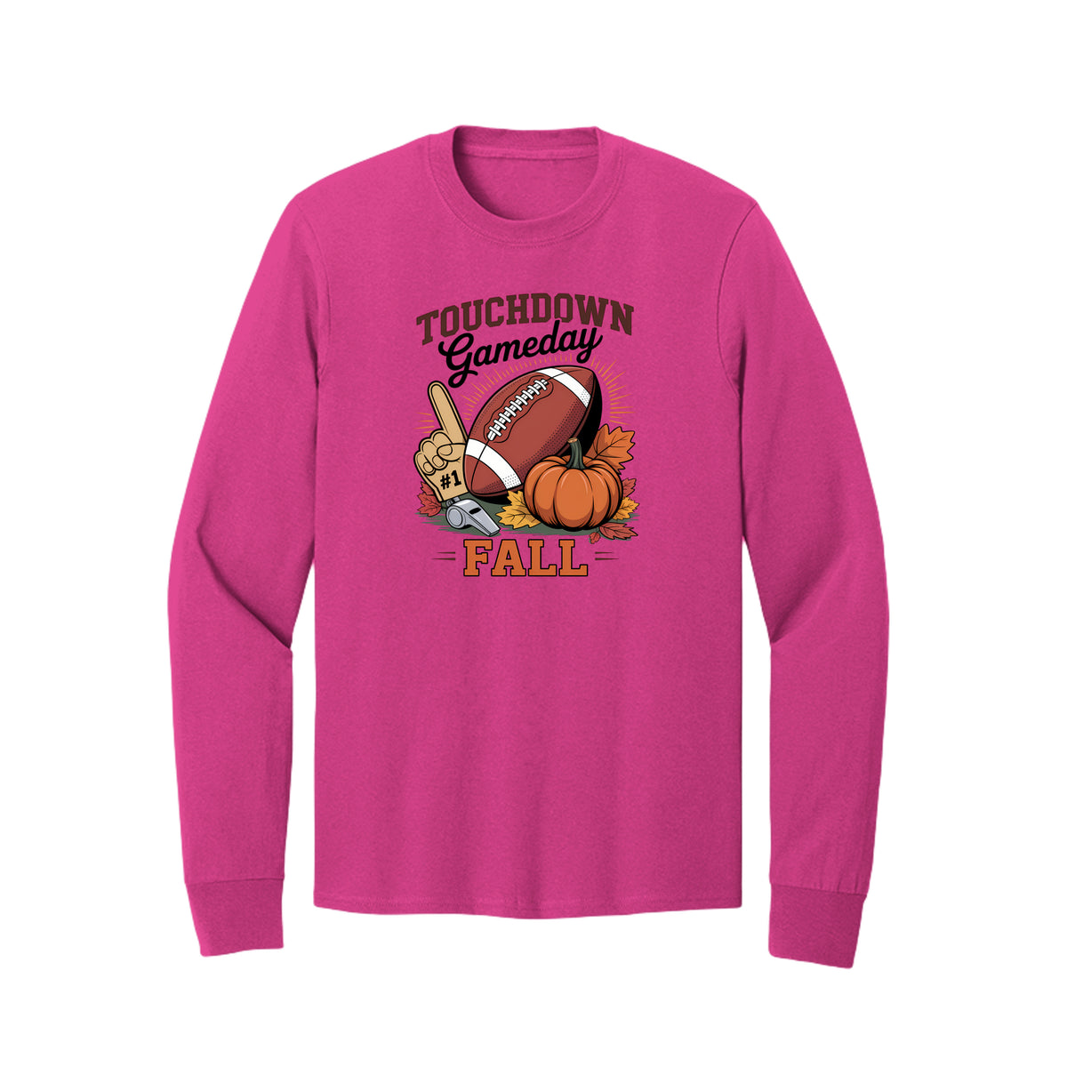 Front view of a bright pink long-sleeve T-shirt with Touchdown Gameday Fall lettering with a football, pumpkin, foam finger, whistle, and autumn leaves.