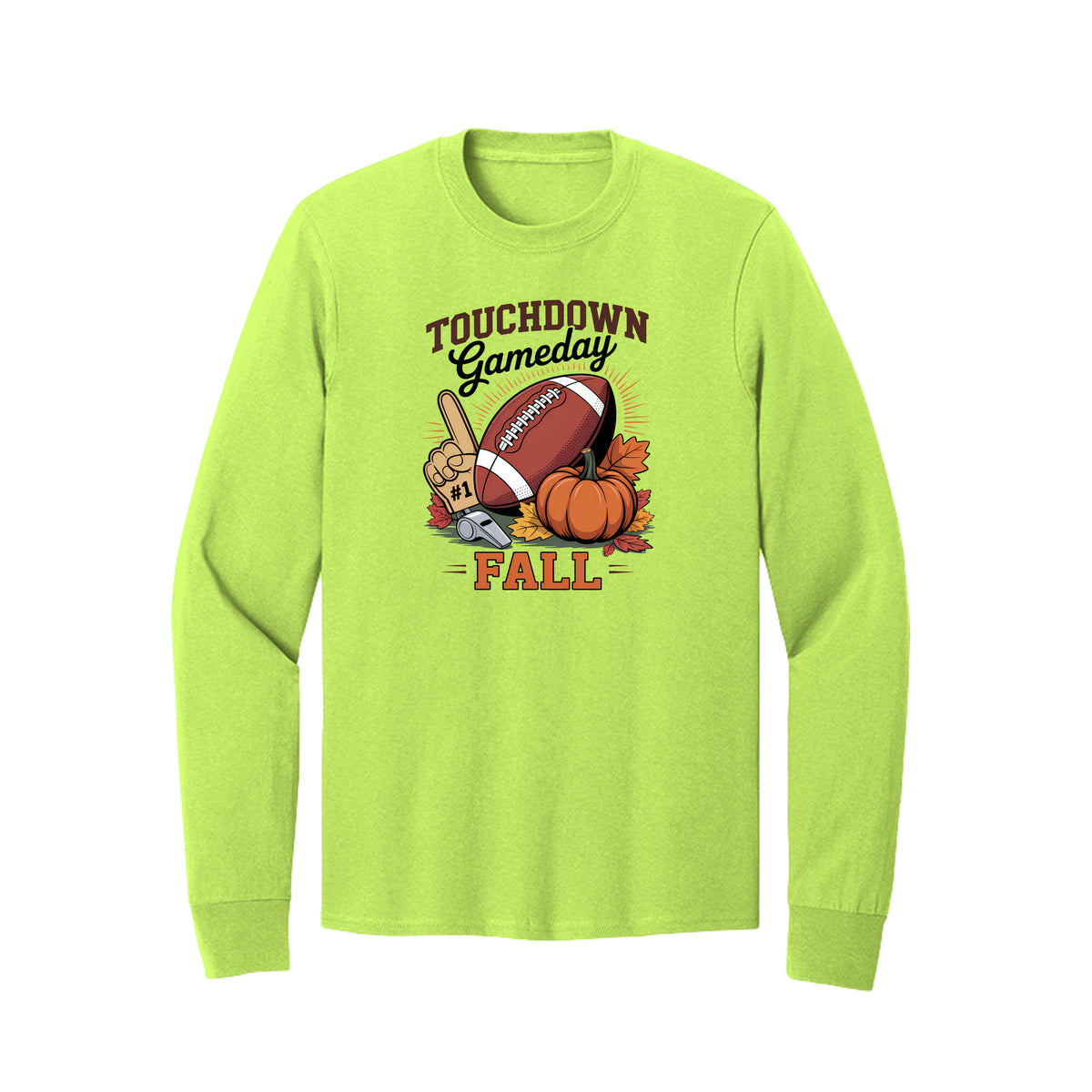 Front view of a lime long-sleeve T-shirt with Touchdown Gameday Fall lettering with a football, pumpkin, foam finger, whistle, and autumn leaves.