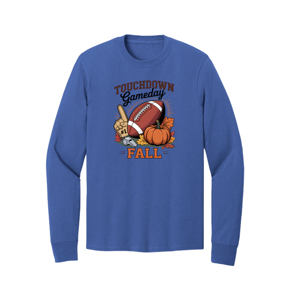 Front view of a blue long-sleeve T-shirt with Touchdown Gameday Fall lettering with a football, pumpkin, foam finger, whistle, and autumn leaves.