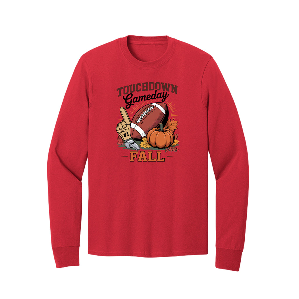 Front view of a red long-sleeve T-shirt with Touchdown Gameday Fall lettering with a football, pumpkin, foam finger, whistle, and autumn leaves.