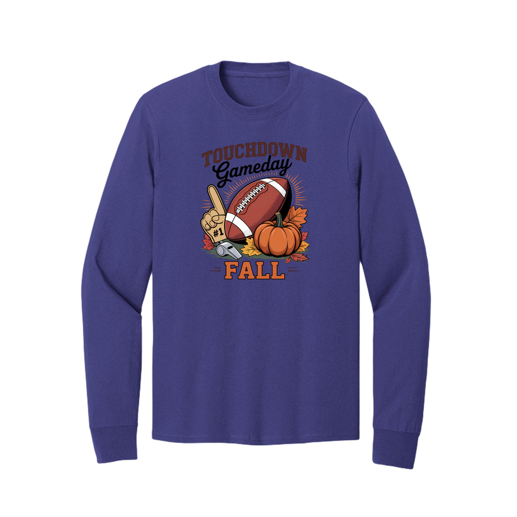 Front view of a purple long-sleeve T-shirt with Touchdown Gameday Fall lettering with a football, pumpkin, foam finger, whistle, and autumn leaves.