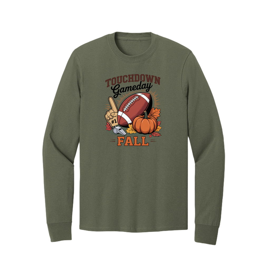 Front view of a olive long-sleeve T-shirt with Touchdown Gameday Fall lettering with a football, pumpkin, foam finger, whistle, and autumn leaves.