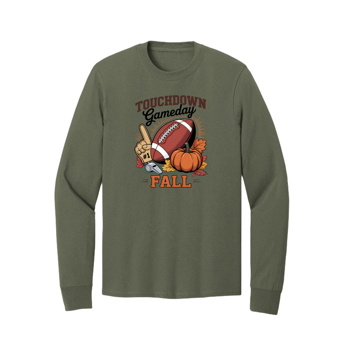 Front view of a olive long-sleeve T-shirt with Touchdown Gameday Fall lettering with a football, pumpkin, foam finger, whistle, and autumn leaves.