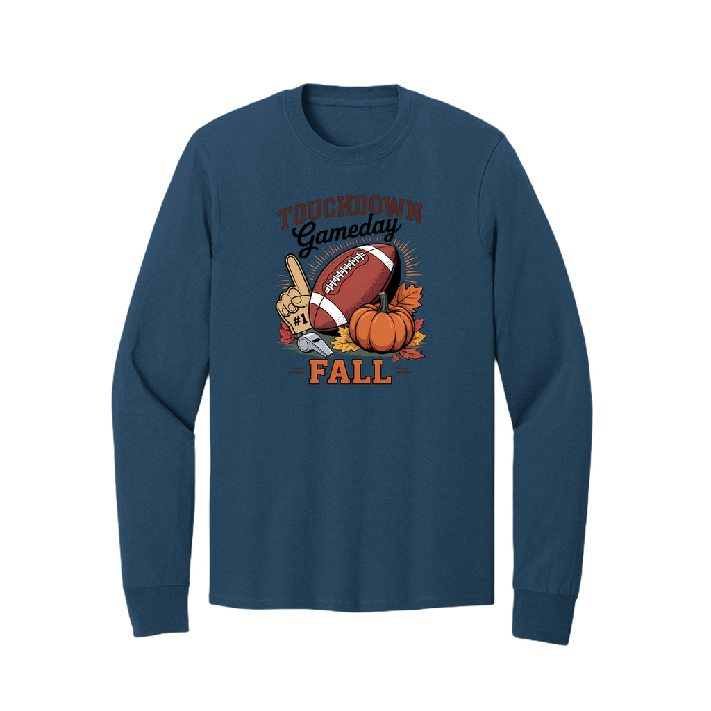 Front view of a blue long-sleeve T-shirt with Touchdown Gameday Fall lettering with a football, pumpkin, foam finger, whistle, and autumn leaves.