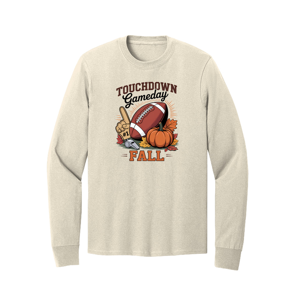 Front view of a cream long-sleeve T-shirt with Touchdown Gameday Fall lettering with a football, pumpkin, foam finger, whistle, and autumn leaves.