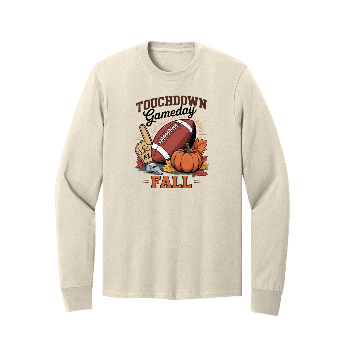 Front view of a cream long-sleeve T-shirt with Touchdown Gameday Fall lettering with a football, pumpkin, foam finger, whistle, and autumn leaves.